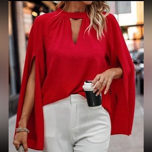 Classic Keyhole Neckline Cloak Sleeve Work Office Top Blouse Shirt Red New